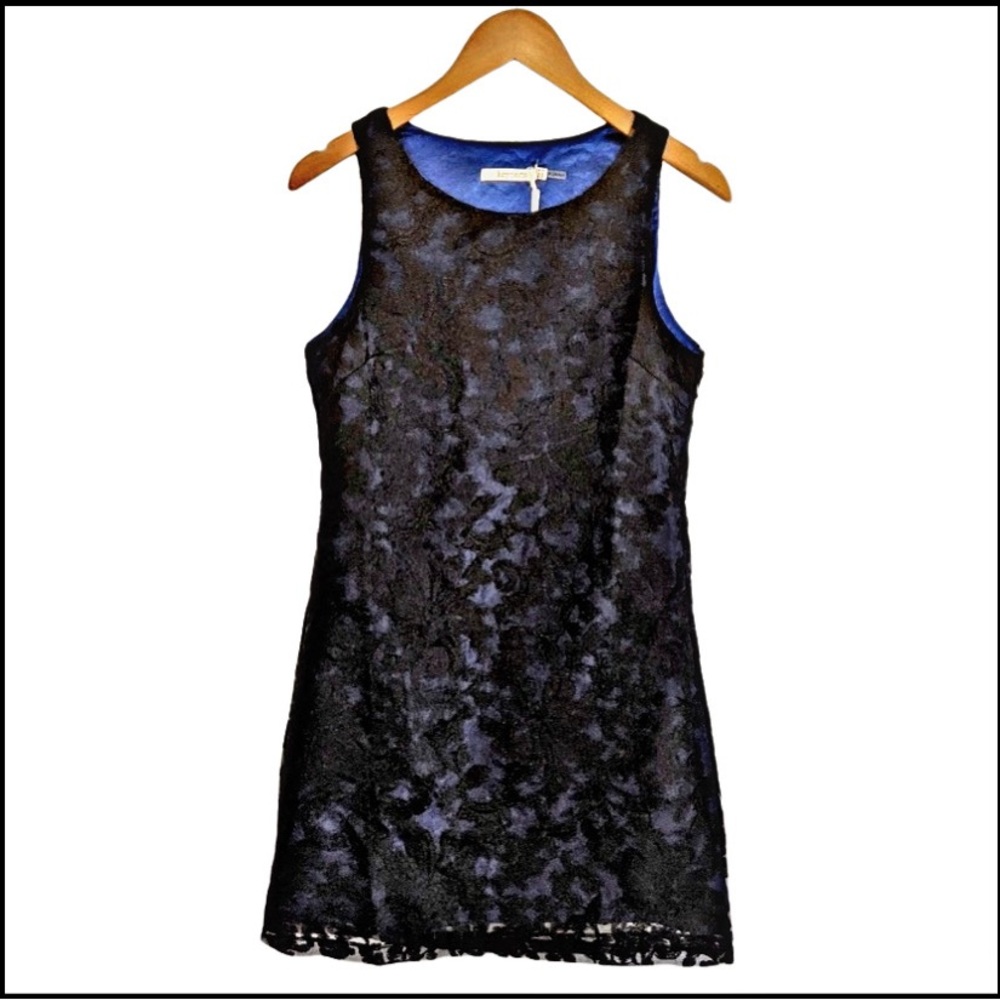 NWT LUCY PARIS Black Lace Overlay on Blue Shift Dress M